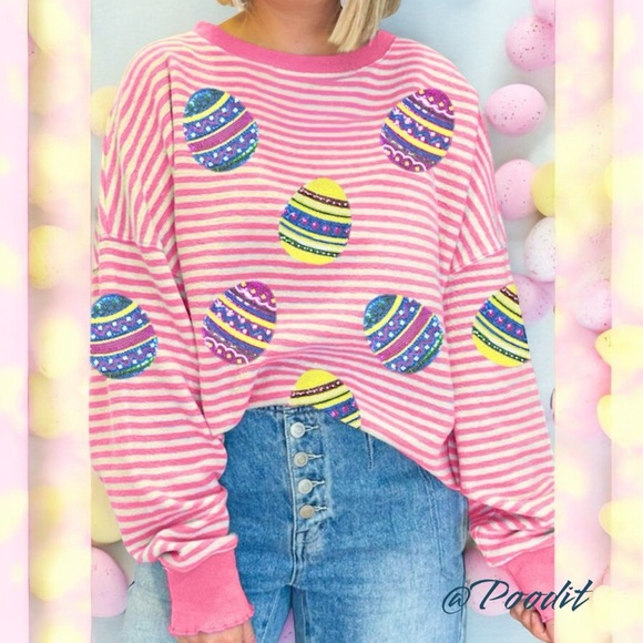 Cutest sequin egg oversized striped top S M L XL - Picture 3 of 9